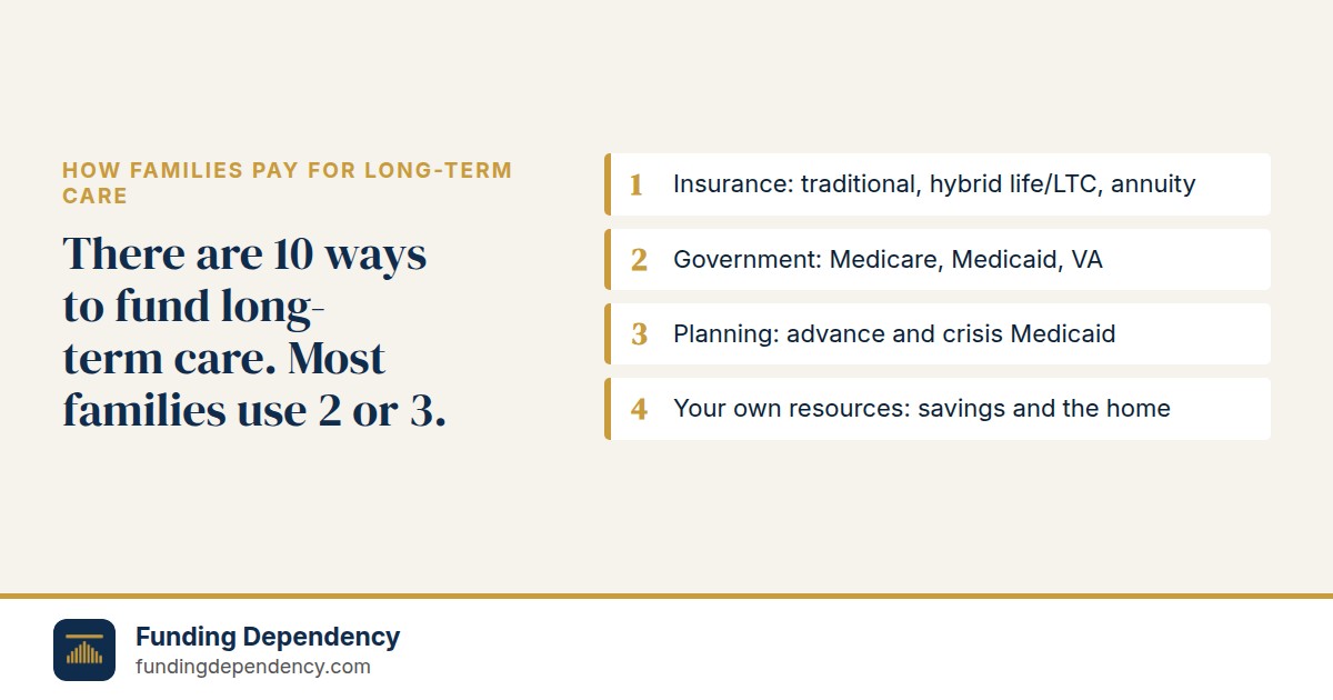 There are 10 ways to fund long-term care. Most families use 2 or 3.